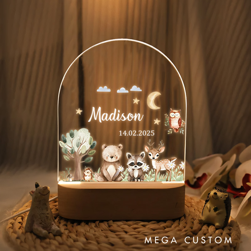 Personalized Woodland Animal Group Illustration Featuring Bear Fox and Owl with Star Accents for a Cozy Nursery Ambiance Night Lamp