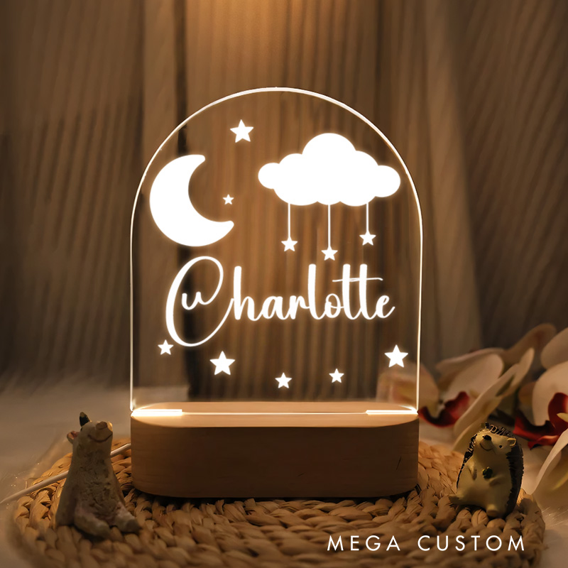 Personalized Moon and Cloud Illustration with Star Accents for a Magical and Serene Nursery Glow Baby Night Lamp