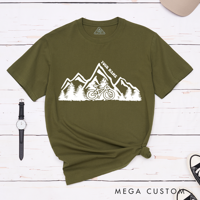 Personalized Mountain Adventure Cycling T-Shirt with a Cyclist Silhouette for Outdoor Adventures Riding Cycling Biking Enthusiasts