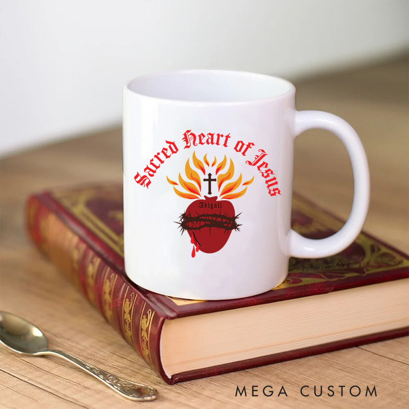 Personalized Sacred Heart of Jesus Ceramic Mug with Name Birthday Gift for Christian Positive Affirmation Religious Gift for Christian