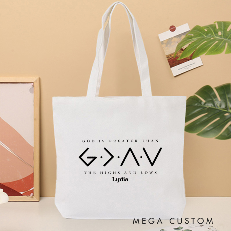 Personalized God Is Greater Than the Highs and Lows Canvas Tote Bag with Name Christian Bag Faith Based Tote Bag Birthday Gift for Women