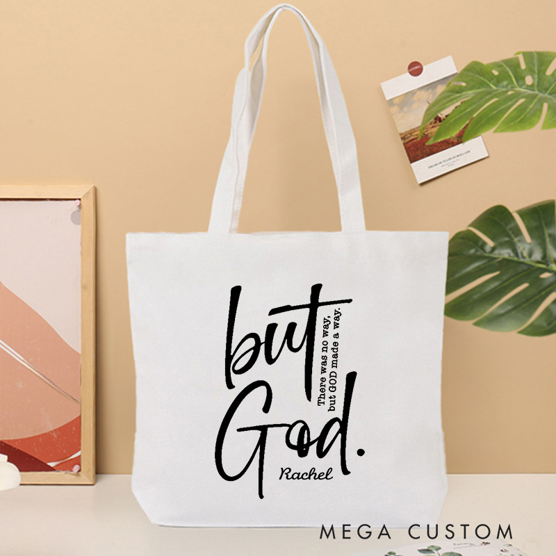 Personalized But God Canvas Tote Bag with Custom Name Inspirational Tote Bag Birthday Gift Religious Gift for Christians