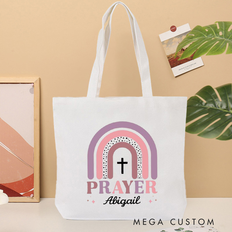 Personalized Prayer with Rainbow and Cross Canvas Tote Bag with Custom Name Religious Bag Birthday Gift for Christian Girls
