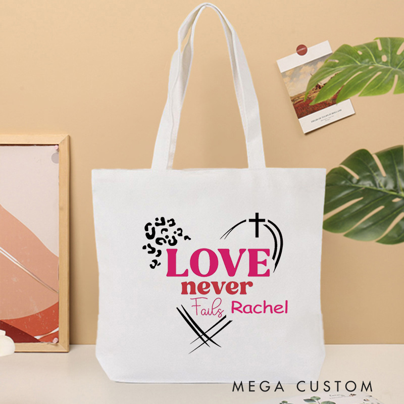 Personalized Love Never Fails Leopard Style Canvas Tote Bag Bible Verse Tote Bag with Custom Name Birthday Gift for Women