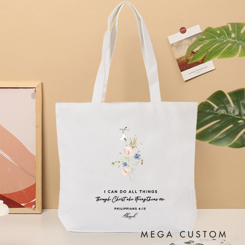Personalized I Can Do All Things Canvas Tote Bag with Name Bible Verse Blessed Bag Religious Gift Birthday Gift for Girls and Women