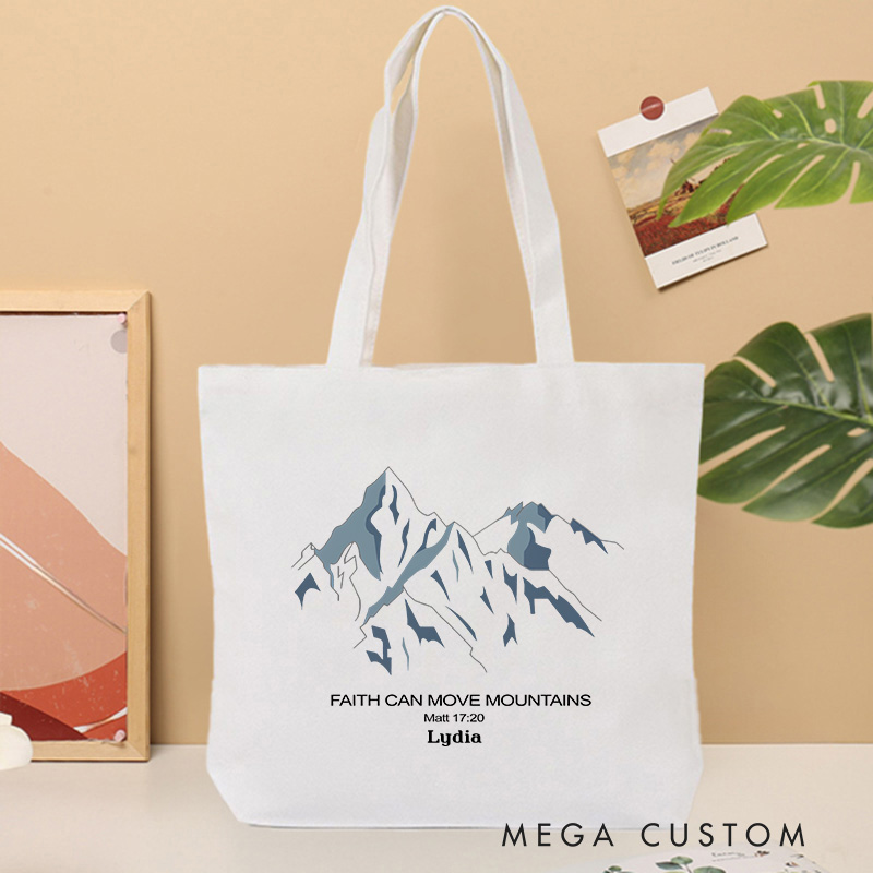 Personalized Faith Can Move Mountains Canvas Tote Bag with Custom Name Religious Tote Bag Birthday Gift for Christians
