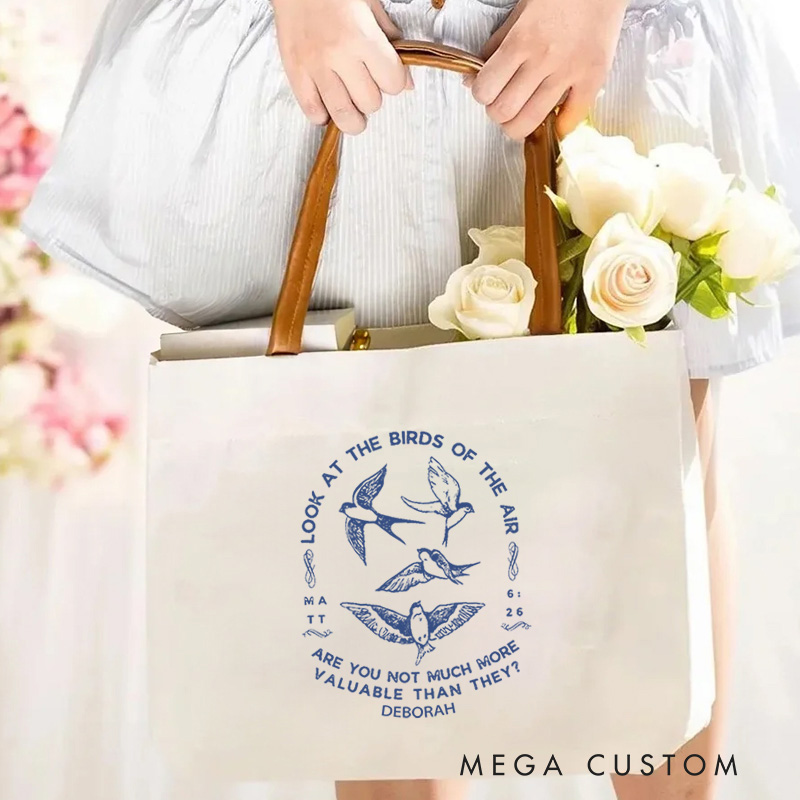 Personalized Matt 6:26 Bible Verse Canvas Tote Bag with Name and Leather Handle Travel Accessories Religious Ceremonies Gift for Women Christian