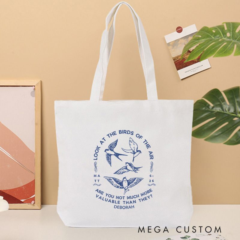 Personalized Matt 6:26 Bible Verse Canvas Tote Bag with Name Christmas Gift for Women Positive Affirmation Religious Gift for Christian