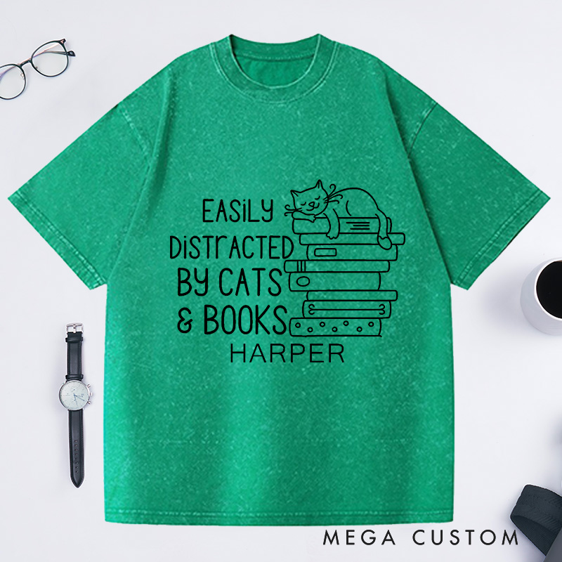 Personalized Easily Distracted By Cats And Books Washed T-Shirts Book Lover Gift Funny Cat Shirt