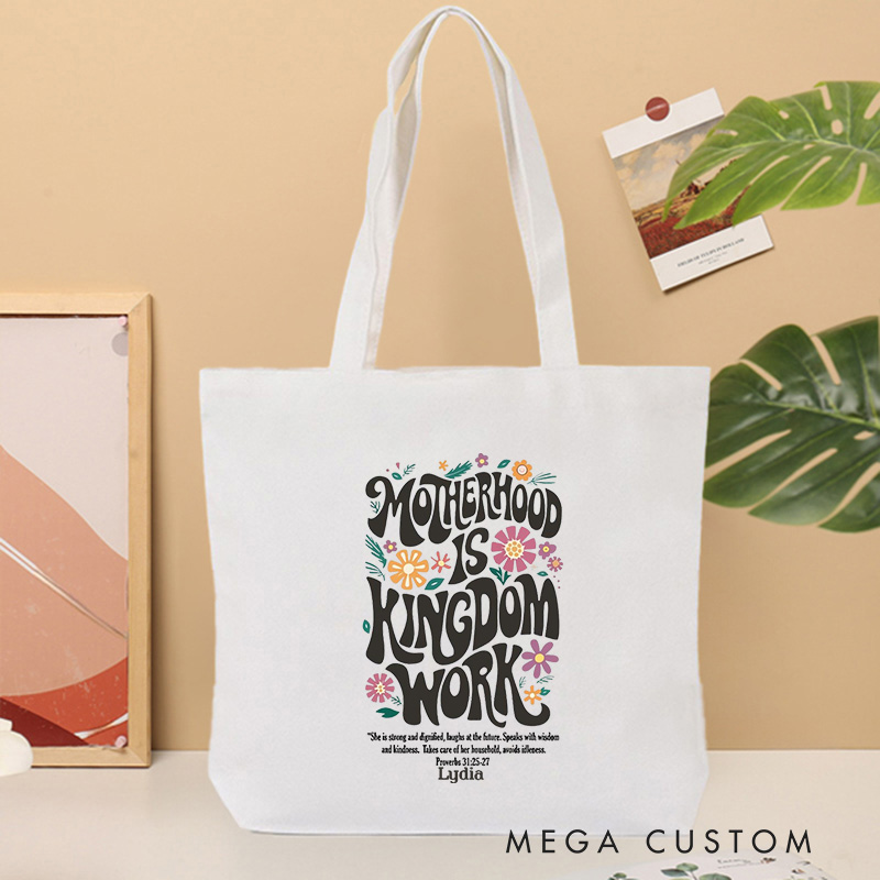 Personalized Motherhood Is Kingdom Work Bible Verse Canvas Tote Bag with Custom Name Christian Tote Bag Mother's Day Gift Birthday Gift for Women