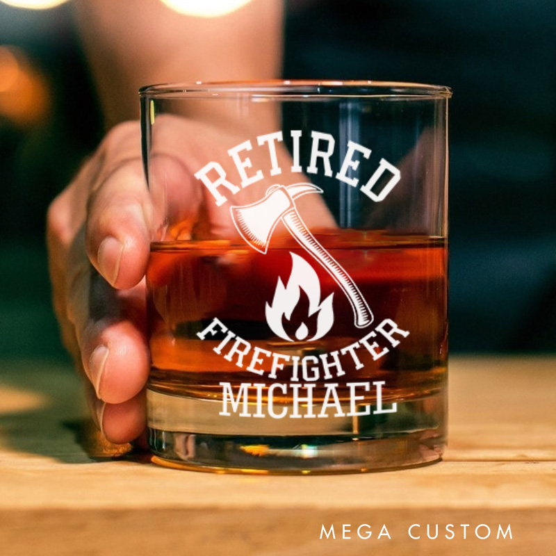 Personalized Firefighter Whiskey Glass Custom Retired Firefighter Design Whiskey Glass Engraved Glasses Gift Firefighter Retirement Gift