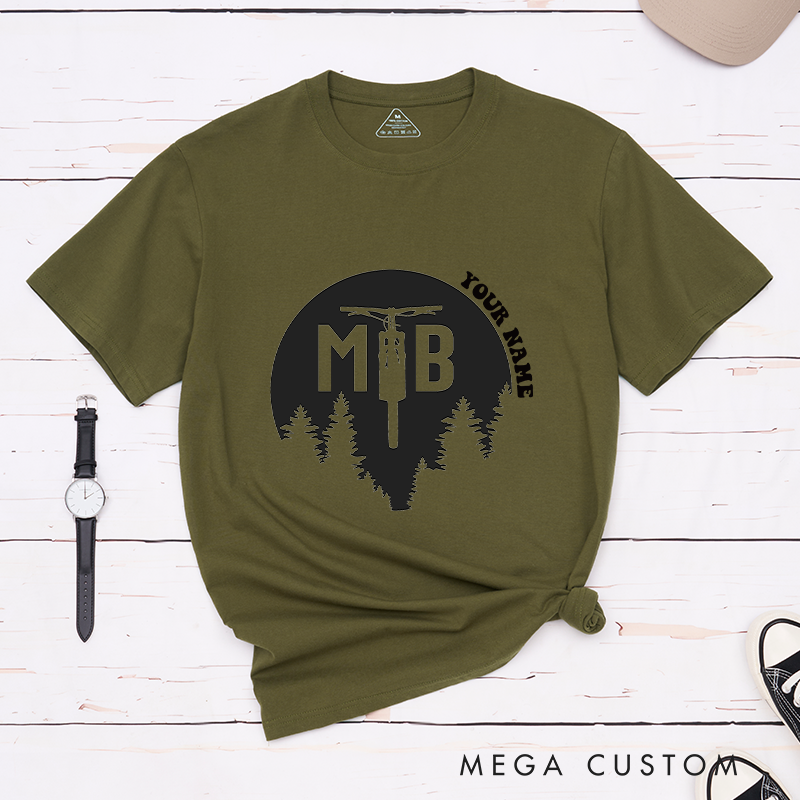 Personalized MTB Forest T-Shirt with Forest Silhouettes and a Fork Graphic for Outdoor Adventures Riding Cycling Biking Enthusiasts