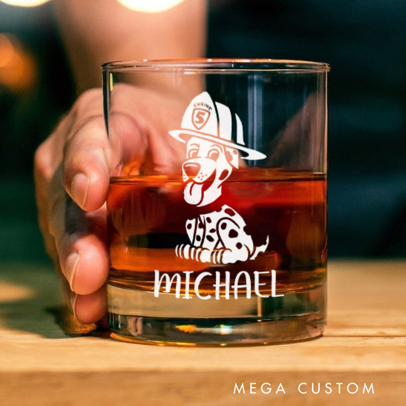 Personalized Firefighter Whiskey Glass Custom Firefighter Dalmatian Design Whiskey Glass Engraved Glasses Gift Firefighter Retirement Gift