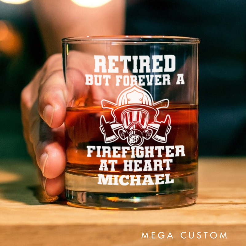 Personalized Firefighter Whiskey Glass Custom Forever a Firefighter at Heart Design Whiskey Glass Engraved Glasses Gift Firefighter Retirement Gift