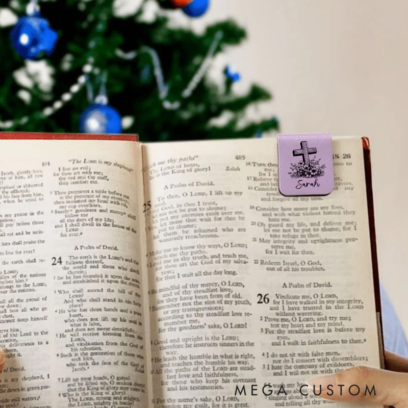 Personalized Flower Cross Magnetic Leather Bookmark Clip with Name Birthday Christmas Gift for Christian Book Lovers