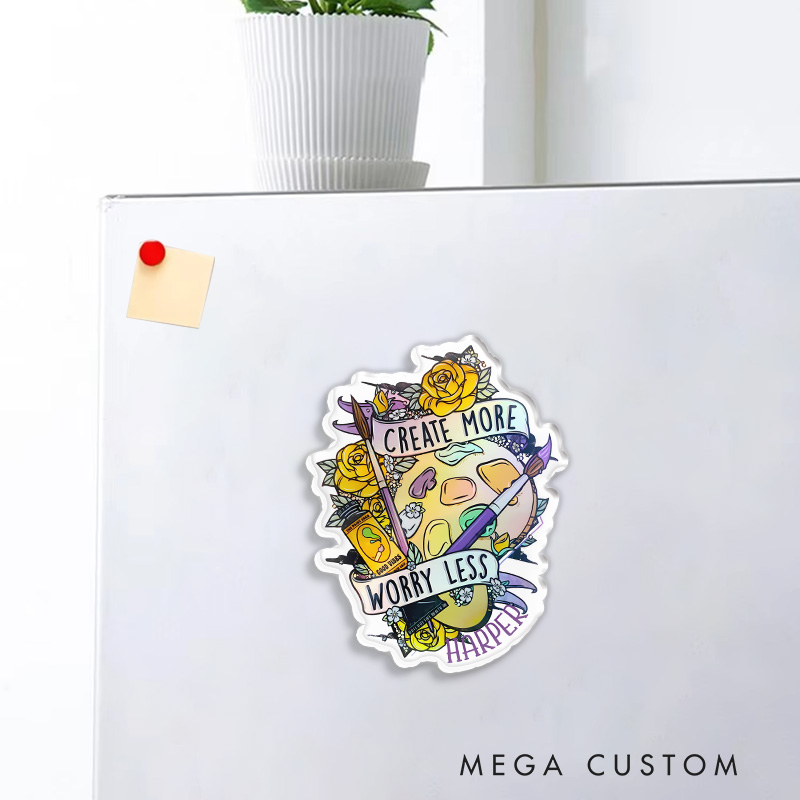 Personalized Create More Worry Less Artist Fridge Magnets Painting Motivational Magnets Art Lover Illustration Fridge Decal