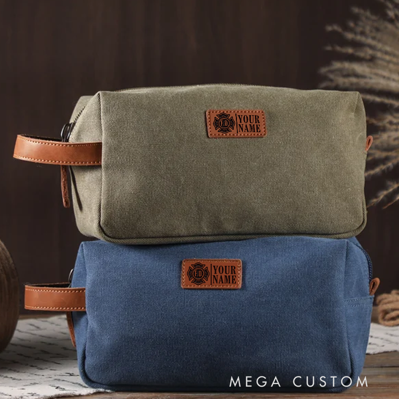 Personalized Engraved Fireman Canvas Toiletry Bag with Maltese Cross F.D. Design Mens Dopp Bag Gift