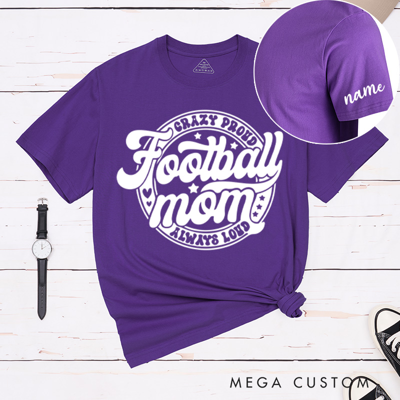 Personalized American Football Mom T-Shirts Featuring Custom Name on the Sleeve
