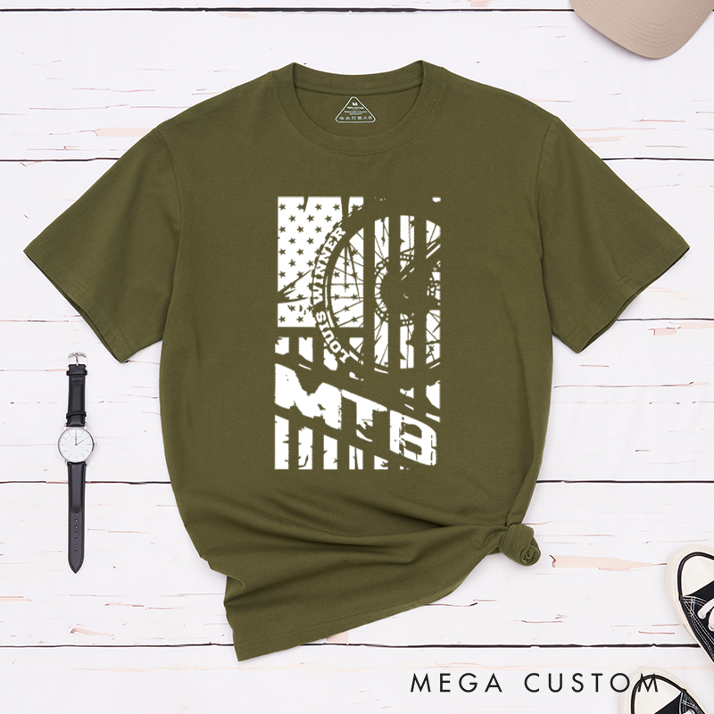Personalized MTB Flag T-Shirt with a Bold Mountain Bike Wheel and American Flag for Outdoor Adventures Riding Cycling Biking Enthusiasts