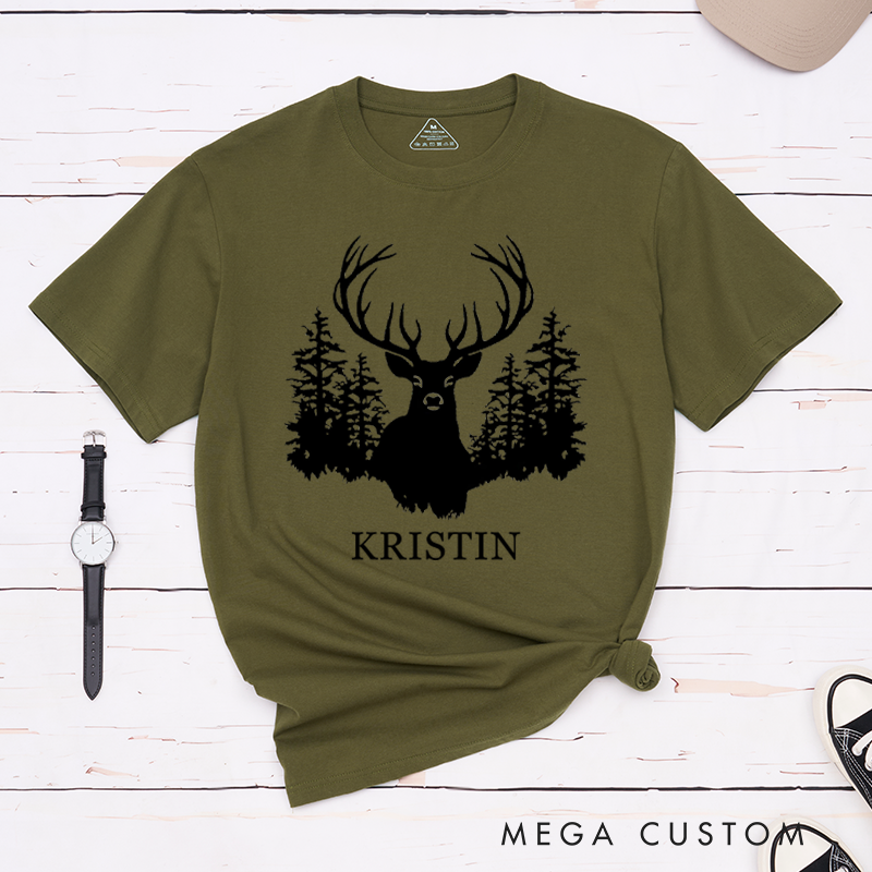 Personalized Deer and Forest T-Shirt Gift for Hiking Outdoors Nature Lover