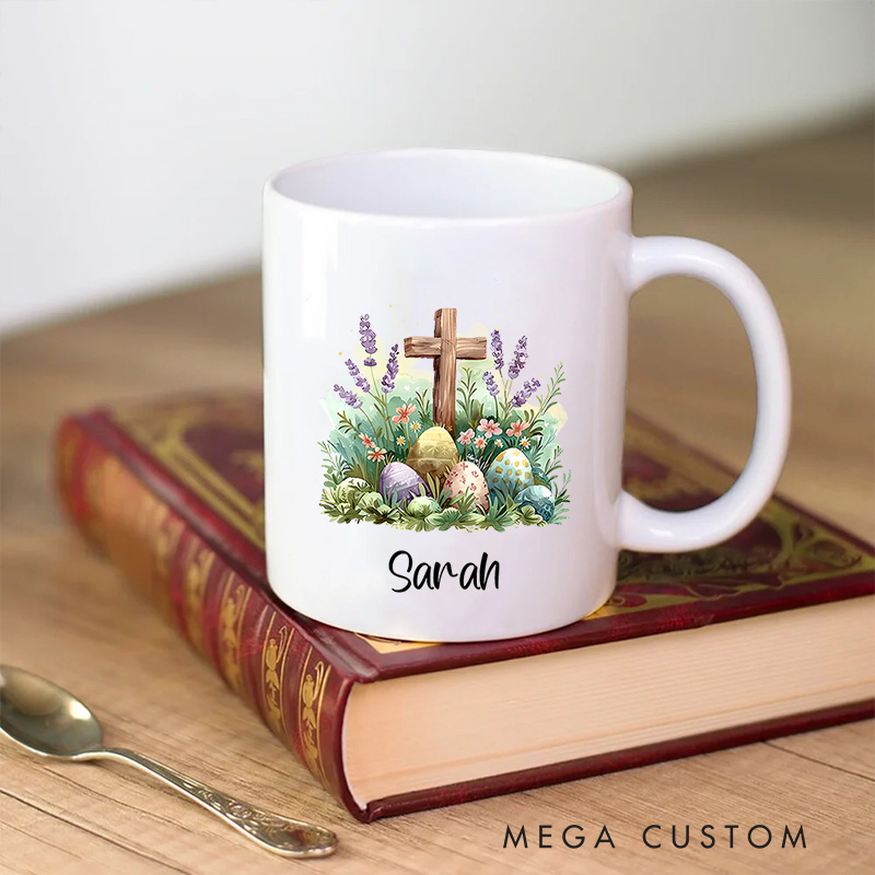 Personalized Colorful Eggs Floral Cross Ceramic Mug with Name Easter Gift Birthday Gift for Boys and Girls