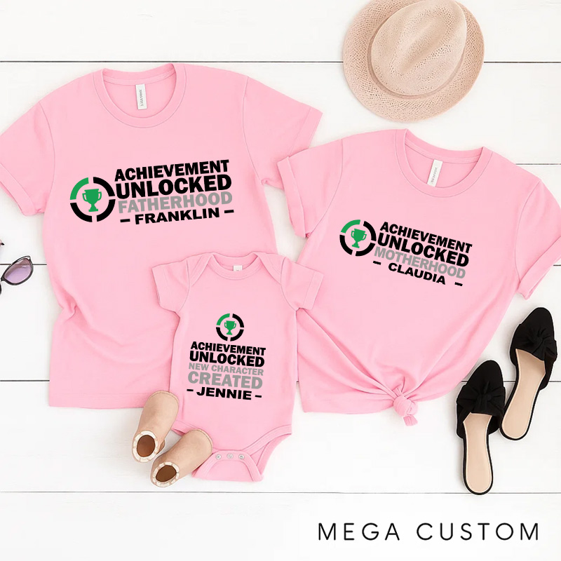 Personalized Achievement Unlocked Family Matching T-Shirts New Father Mother Shirts Funny Gamer Family Shirts Newborn Baby Gaming Shirt Father's Day