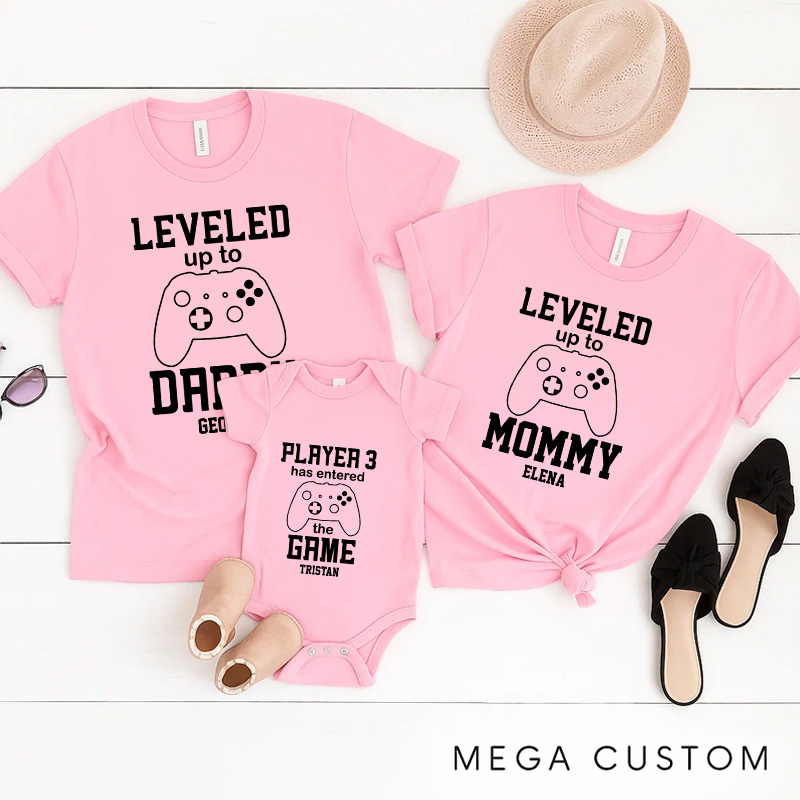 Personalized Leveled Up Family Matching T-Shirts New Father Mother Shirts Funny Gamer Family Shirts Newborn Baby Gift Geek Gaming Shirt Father's Day