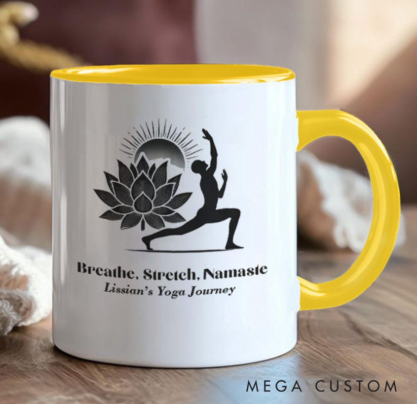 Personalized Yoga Mug – Elegant Lotus & Warrior Pose Design, Custom Name Option, Perfect Gift for Yoga Enthusiasts and Mindfulness Lovers