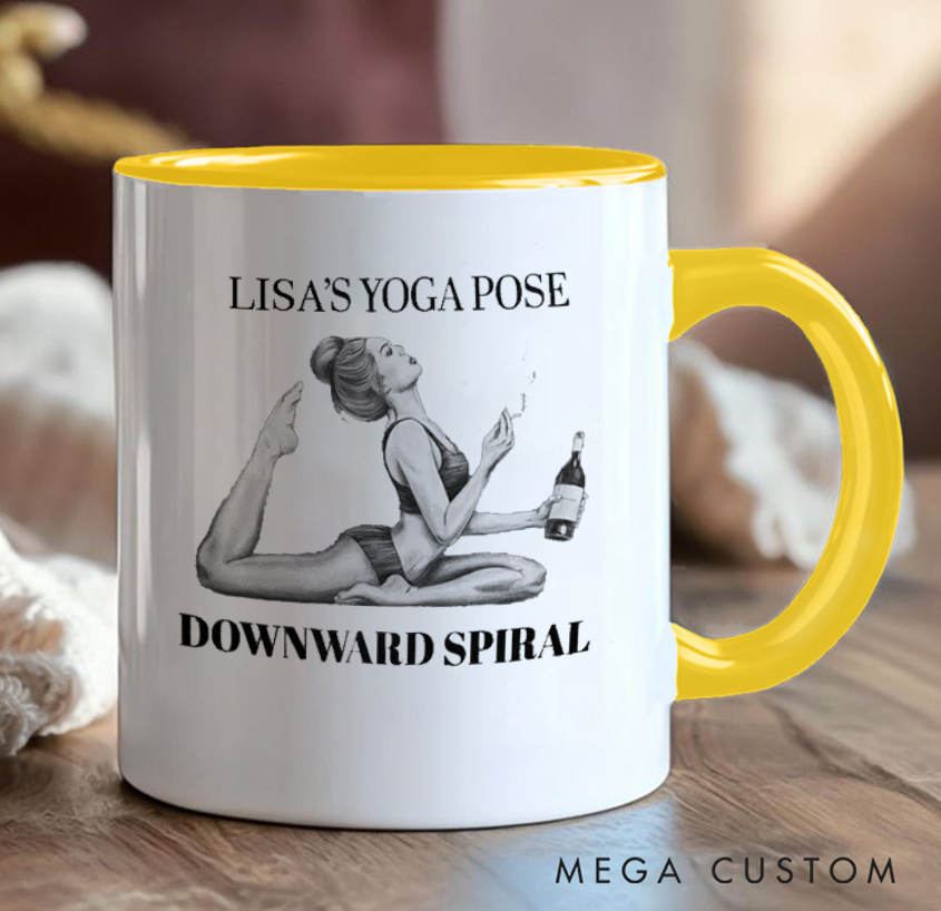 Personalized Funny Yoga Mug Can Custom Name, Humorous "Downward Spiral" Design, Perfect Gift for Yoga Lovers