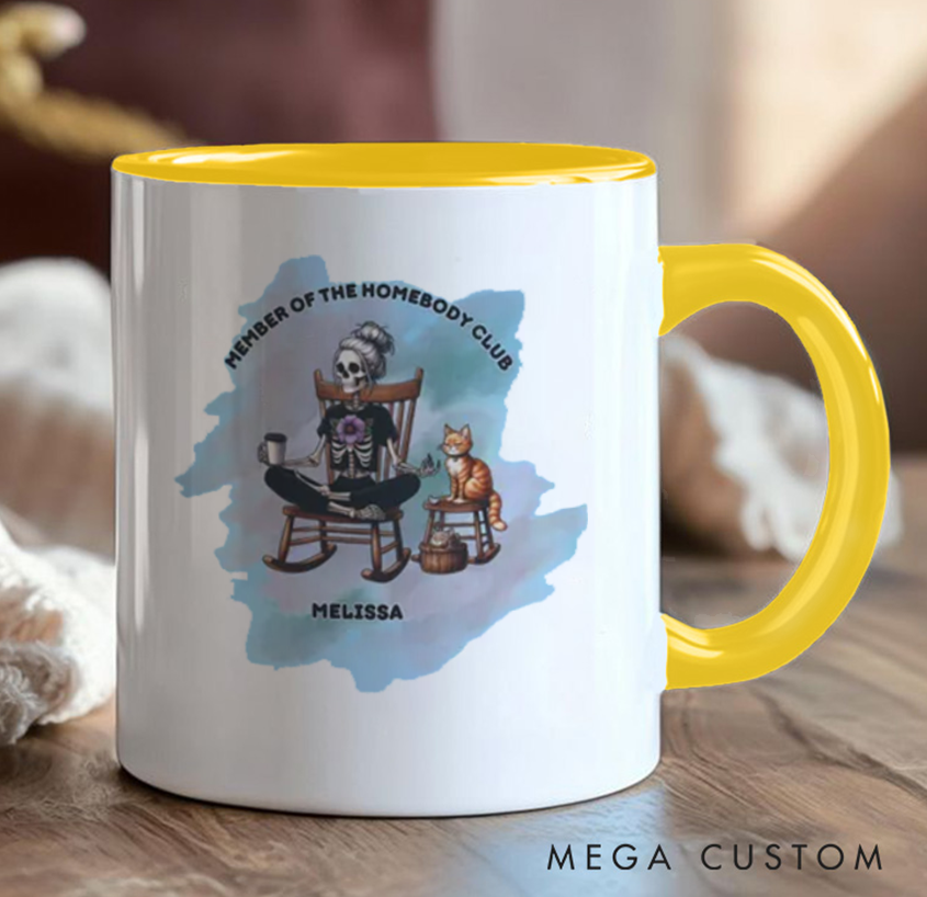 Personalized Homebody Club Mug – Funny Skeleton & Cat Design, Custom Name Option, Perfect Gift for Yoga & Relaxed Lifestyle Lovers