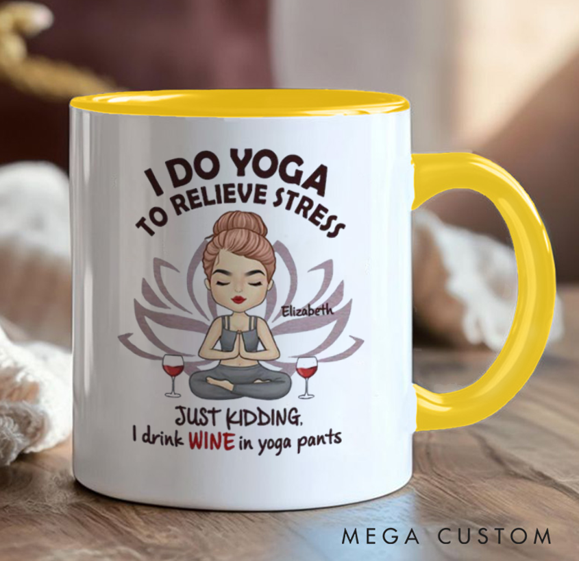 Personalized Yoga Mug Can Custom Name, Humorous "I Do Yoga... Just Kidding, I Drink Wine" Design, Perfect Gift for Yoga & Wine Lovers