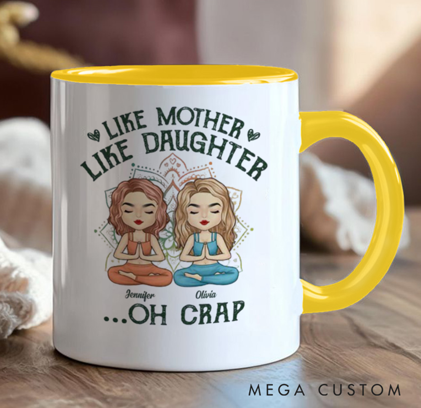 Personalized Mug with Cute Mother and Daughter Meditation Design, Can Custom Name, Perfect Gift for Mom, Daughter and Yoga Lovers