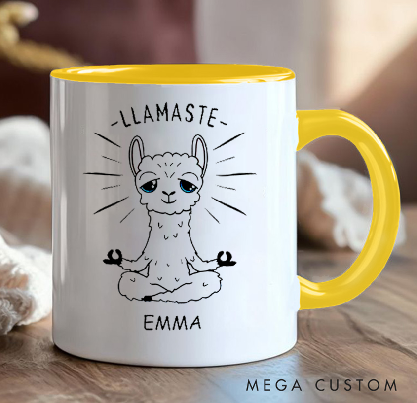 Personalized Llamaste Yoga Mug Cute Meditating Llama Design Can Custom Name Perfect Gift for Yoga Lovers & Fun Daily Use