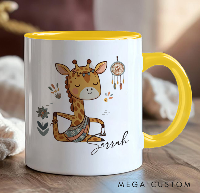 Personalized Yoga Giraffe Mug Cute Meditative Design with Dreamcatcher Can Custom Name Perfect Gift for Animal & Yoga Lovers