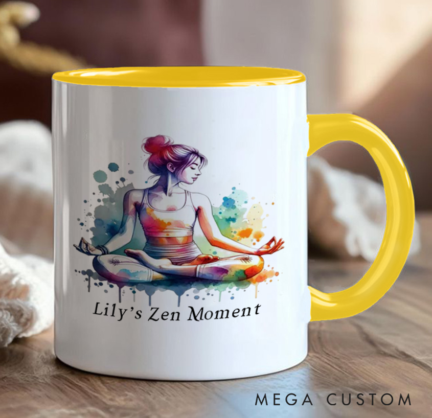 Personalized Zen Yoga Mug Vibrant Watercolor Meditation Design Custom Name Perfect Gift for Yoga & Art Enthusiasts