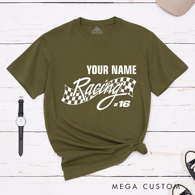 Personalized Racing T-Shirt with Dynamic Checkered Flag for Outdoor Adventures Riding Cycling Biking Enthusiasts