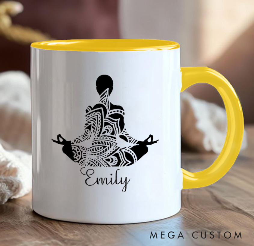 Personalized Yoga Mug Elegant Mandala Meditation Design Custom Name Perfect Gift for Mindfulness & Yoga Enthusiasts