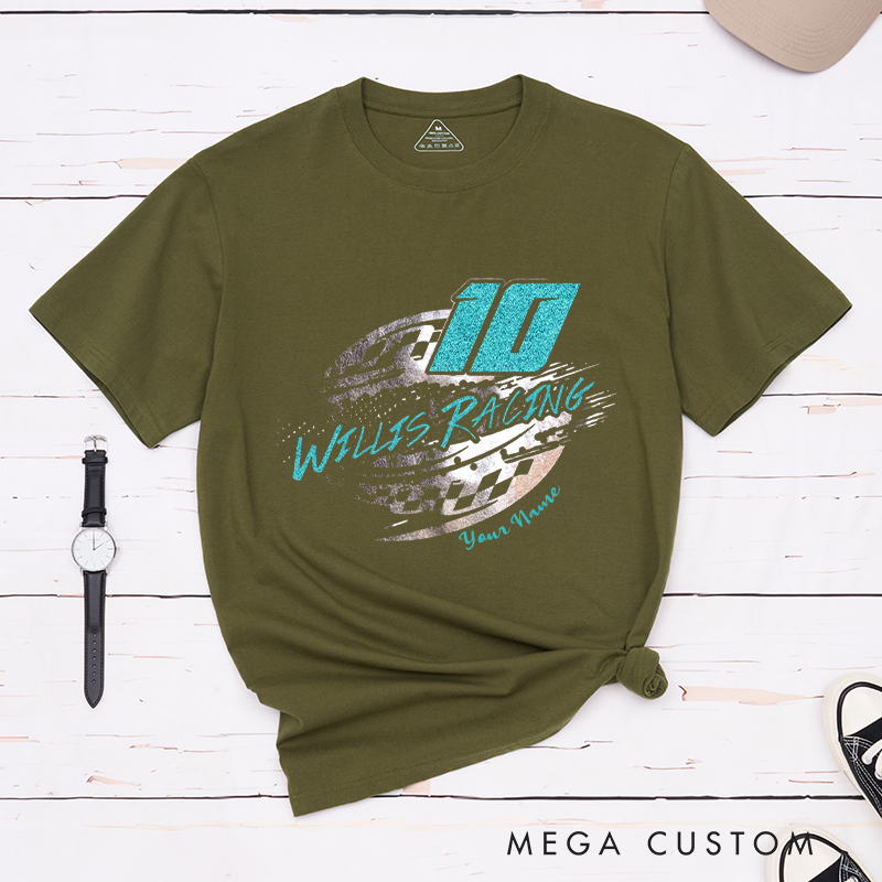 Personalized Custom Racing T-Shirt Eye-Catching Speed Graphic with Checkered Flag and Bold Colors for Outdoor Adventures Riding Cycling Biking Enthusiasts