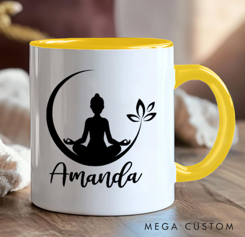 Personalized Yoga Mug Minimalist Meditation Design with Moon & Leaf Custom Name Perfect Gift for Yoga & Mindfulness Lovers