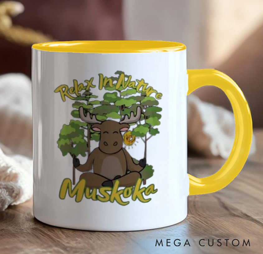 Personalized Yoga Mug with Cute Moose and Forest Design Custom Place Name Perfect Gift for Nature Lovers and Yoga Lovers