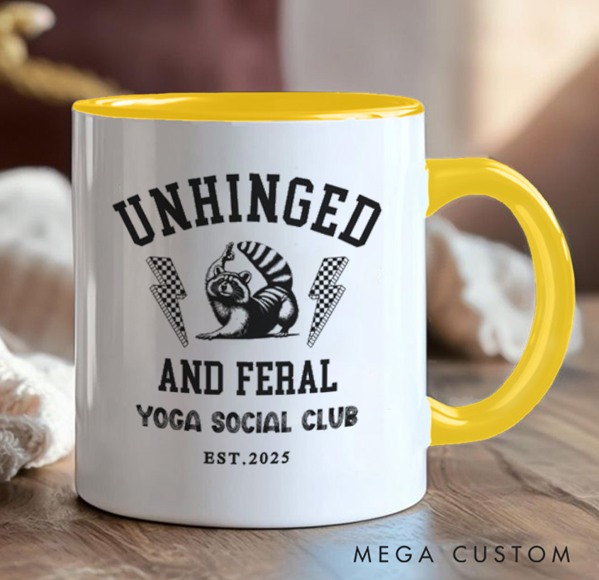 Personalized Yoga Mug with The Words "Crazy Wild Yoga Social Club" Printed on It Funny Raccoon Mug Custom Name Perfect Gift for Yoga Lovers