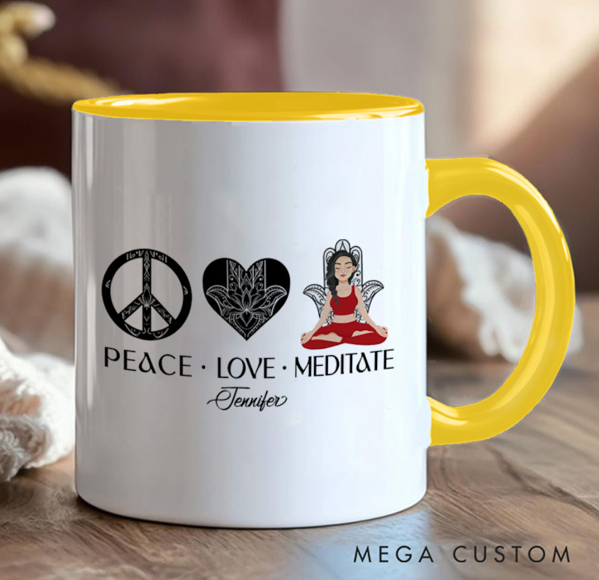 Personalized Yoga mug "Peace Love and Meditate" Zen-Inspired Design Custom Name Perfect Gift for Yoga, Meditation and Mindfulness Enthusiasts