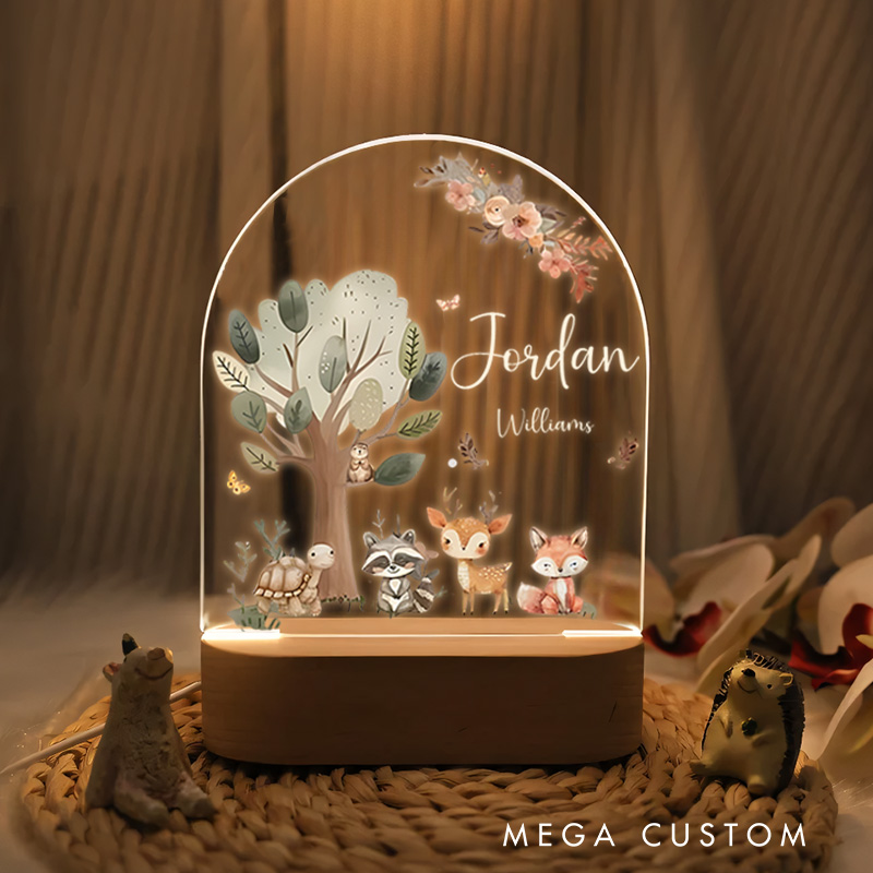 Personalized Woodland Animal Group Illustration Featuring Name and Date for a Whimsical Nursery Accent Baby Night Lamp