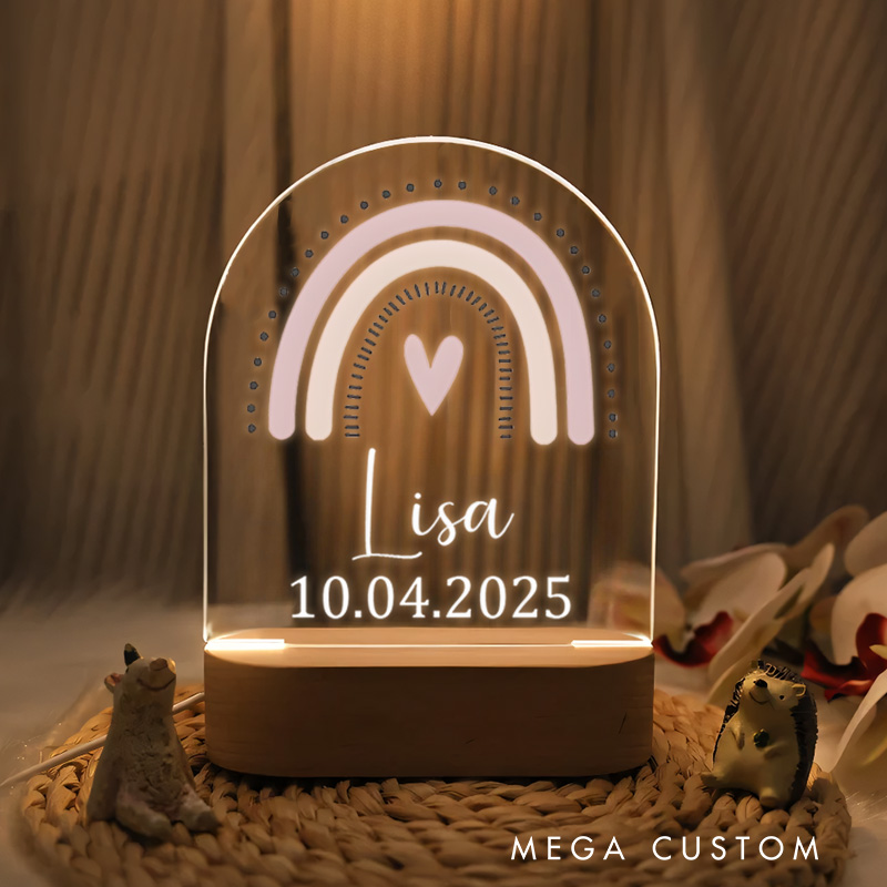 Personalized Rainbow Illustration with Name and Date for a Cheerful and Warm Nursery Glow Baby Night Lamp