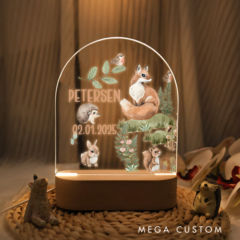 Personalized Woodland Animal Illustration Featuring Squirrel and Name for a Nature Inspired Nursery Glow Baby Night Lamp