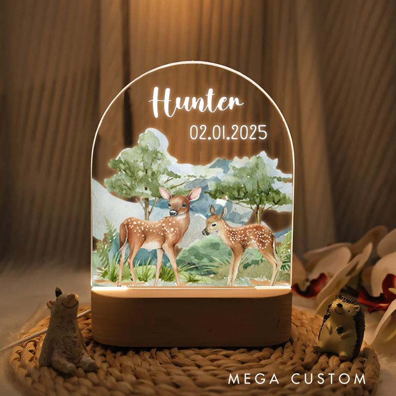 Personalized Deer Illustration with Name Date and Forest Accents for a Serene and Enchanting Nursery Glow Baby Night Lamp