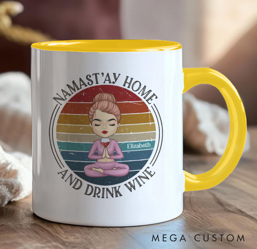 Personalized Yoga Mug Funny "Namast'ay Home and Drink Wine" Design with Retro Style Custom Name Perfect Gift for Yoga and Wine Lovers