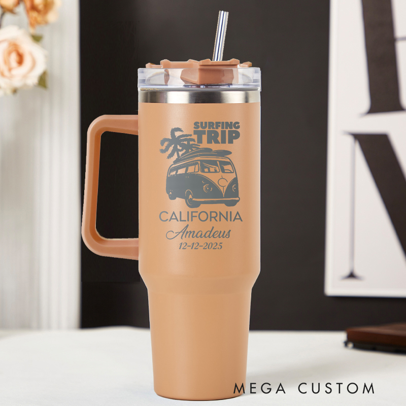Personalized Surfing Trip Tumbler Travel Lover Tumbler Laser Engraved Tumbler Engraved Tumbler with Name and Location Gift for Vacation