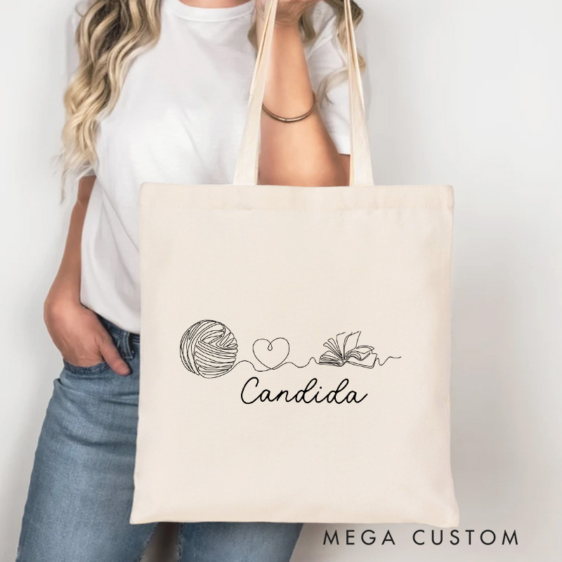 Personalized Yarn And Book Tote Bag Bookish Bag Crocheter Bag Knitter Bag Yarn Lover Gift for Knitting Lover Gift Reading Lover Gift