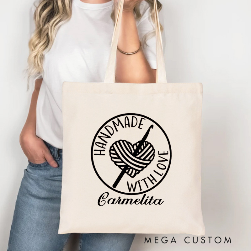 Personalized Handmade with Love Tote Bag Crocheter Bag with Name Yarn Lover Gift for Knitting Lover Gift Crocheting Lover Gift